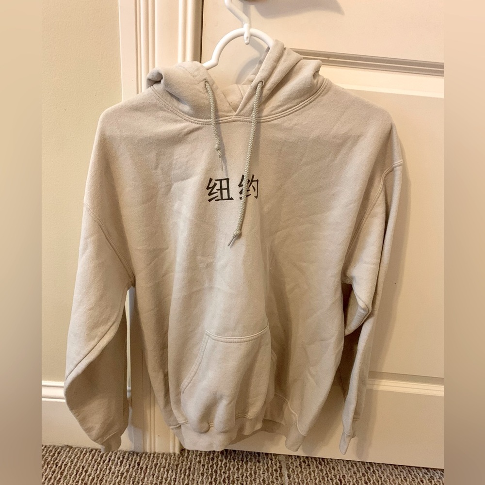 Tan “New York” Hoodie with Kanji Lettering